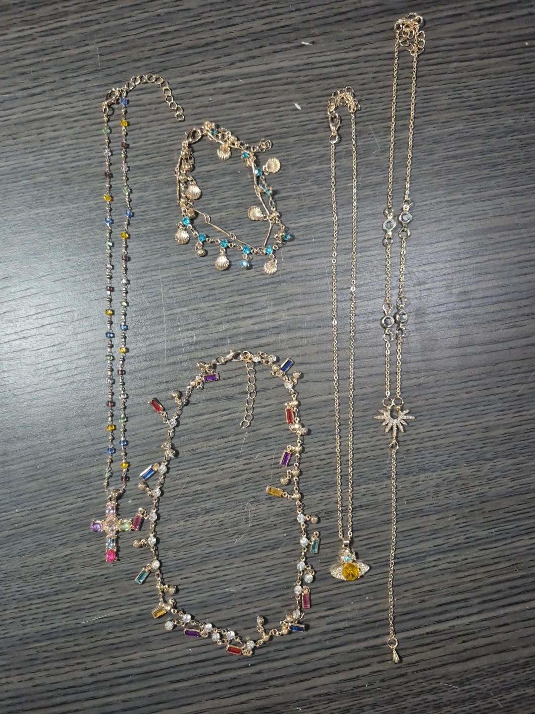 5 Piece Lot Colored & Clear Gold Tone Fashion Necklaces And Bracelet