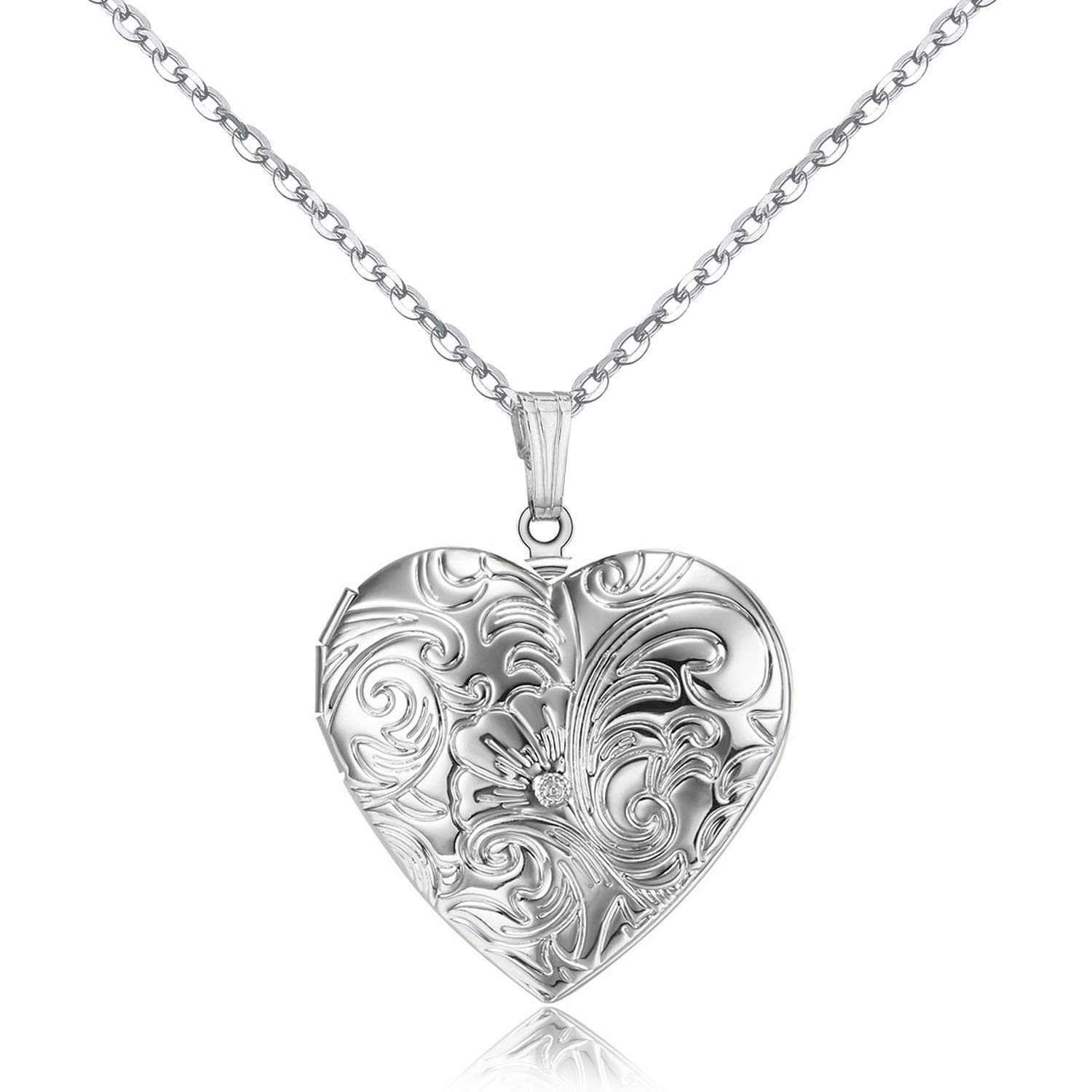 Locket Necklace that Holds Pictures Flower Lockets 50cm, Silver Heart