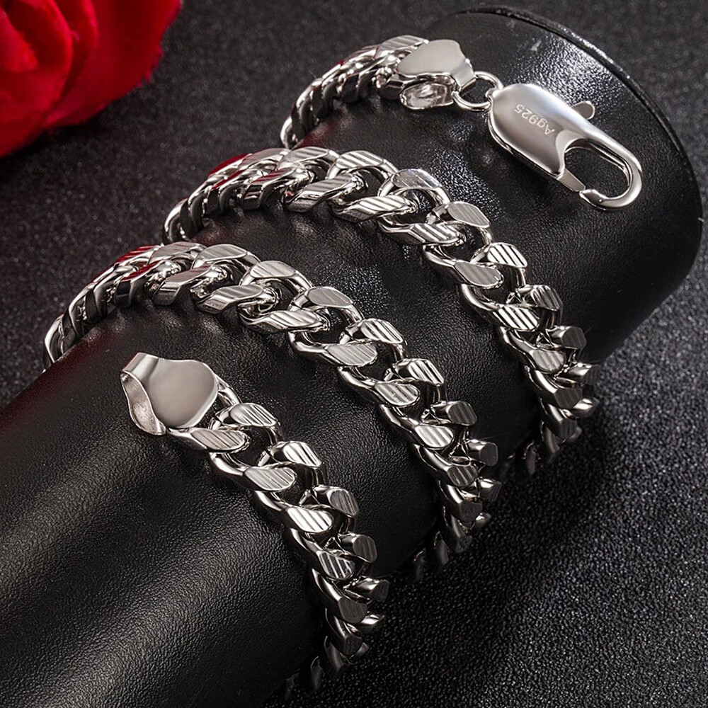 925 Sterling Silver Engraved Curb Chain Cuban Link Chain Necklace 10mm 18″-30″