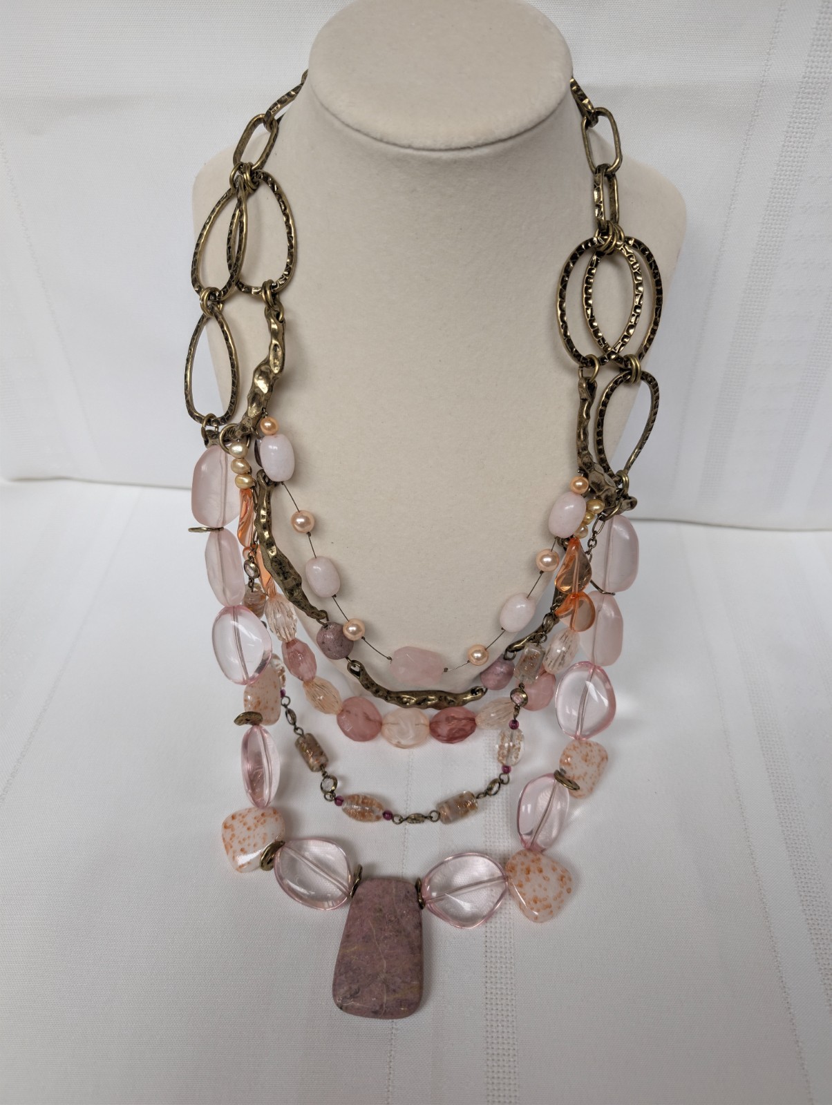 Bijoux Terner Pink Clear Beaded Stone Gold Toned Multi Strand Statement Necklace