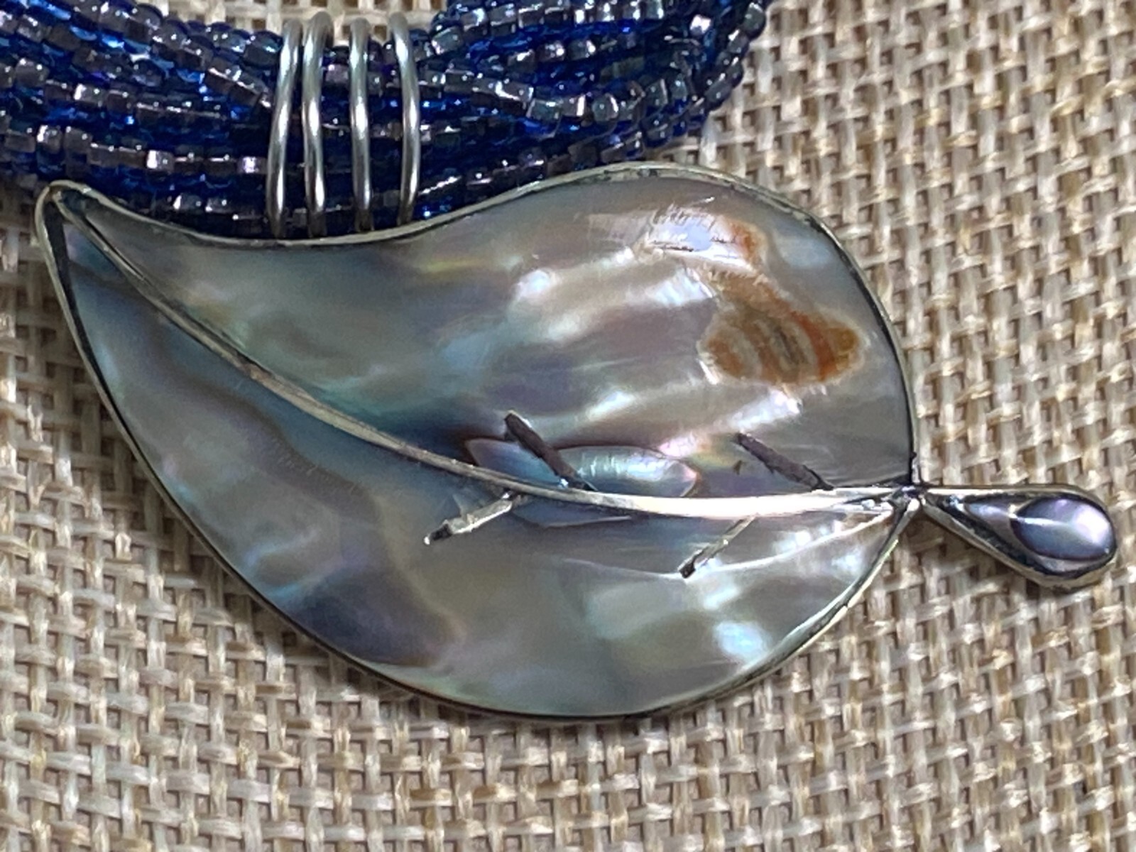 African Glass Bead Necklace with Vintage Silver and Seashell Pendant