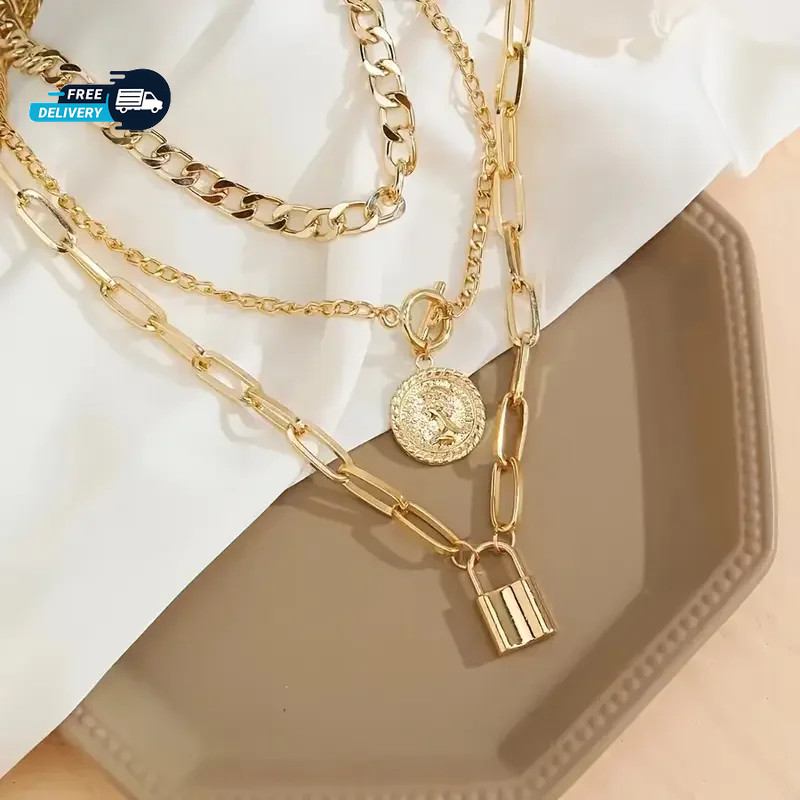 3Pcs Chunky Multi-Layer Necklace Trendy Pendants Choker Women Fashion Jewelry