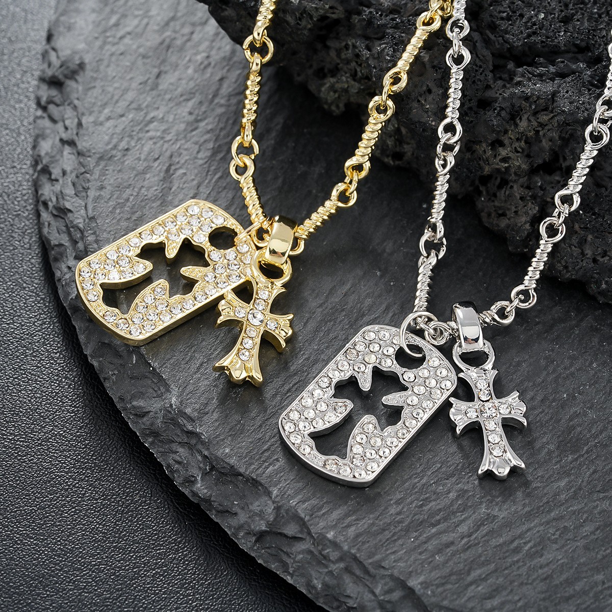 Gold Silver Plated Cutout Cross Dog Tag Pendant Wheat Chain Bling Necklace