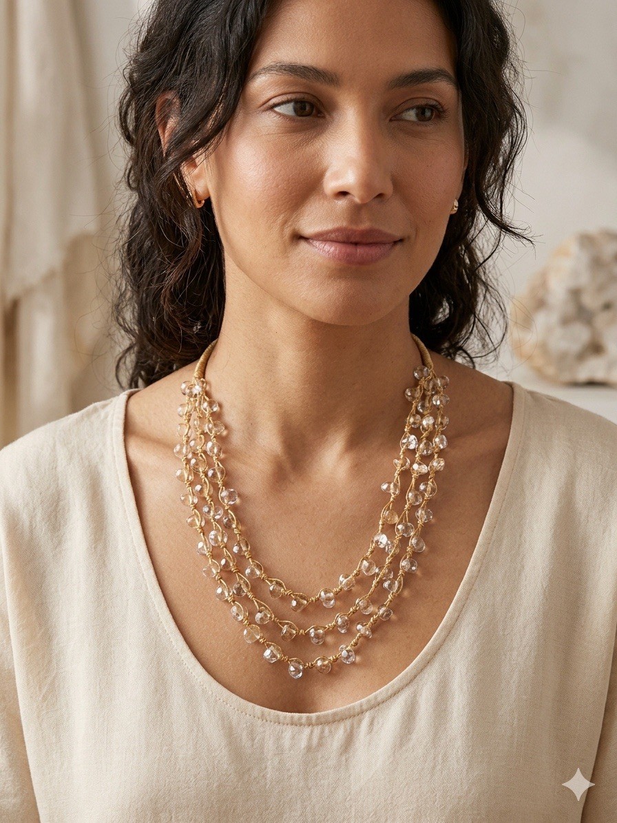 Vintage 90’Natural Clear Quartz Chip 3 Strand Layered Boho Necklace Stone Toggle