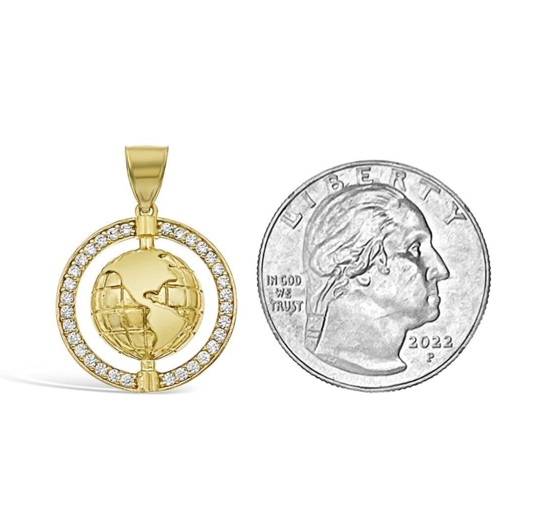 10K Yellow Gold CZ World Globe Pendant 1″
