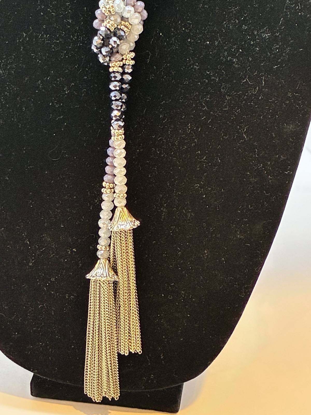 Simply Vera Vera Wang Gray Black Beaded Tassel Lariat Necklace 23″ Drop