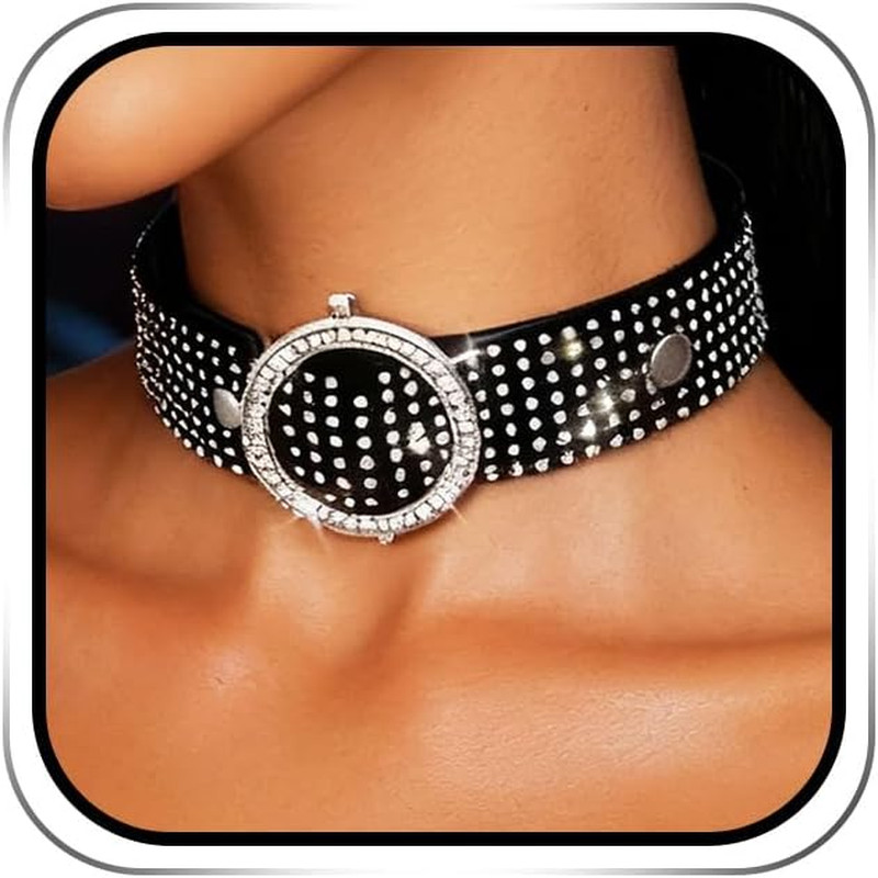 Black Rhinestone Choker Necklace Leather Gothic Thick Collar for Women