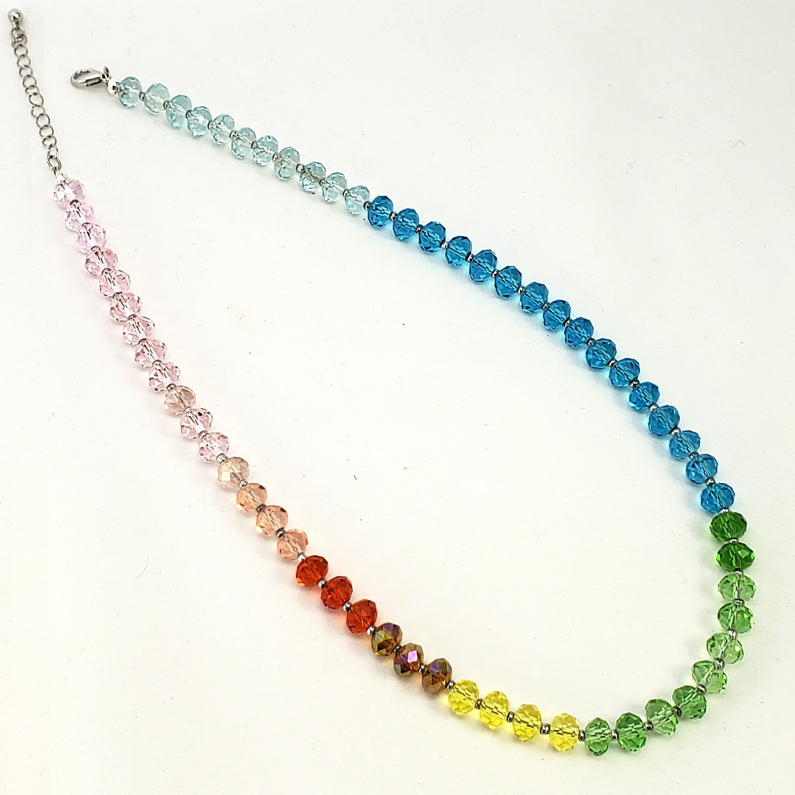 Multicolor RAINBOW Faceted Rondelle Glass Bead Necklace Silver Tone 19″ to 20.5″