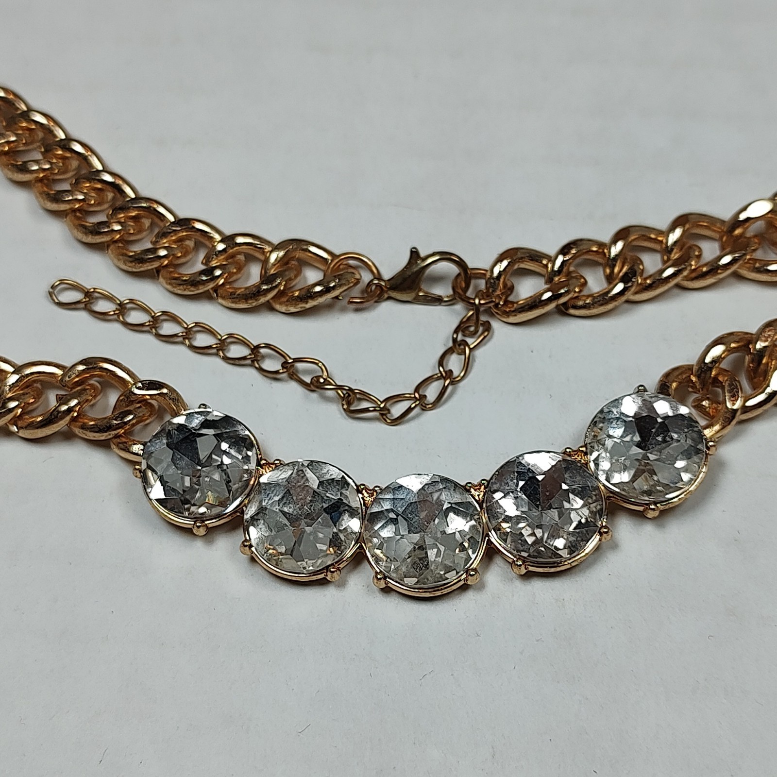 Gold Tone Metal Clear Colorless Glass Stones Statement Necklace 17″ – 19.5″