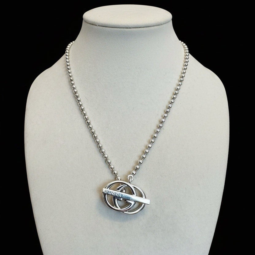 Gucci 925 Silver Ball/Bead Toggle Charm Chain Necklace Signed 16” w/ Box