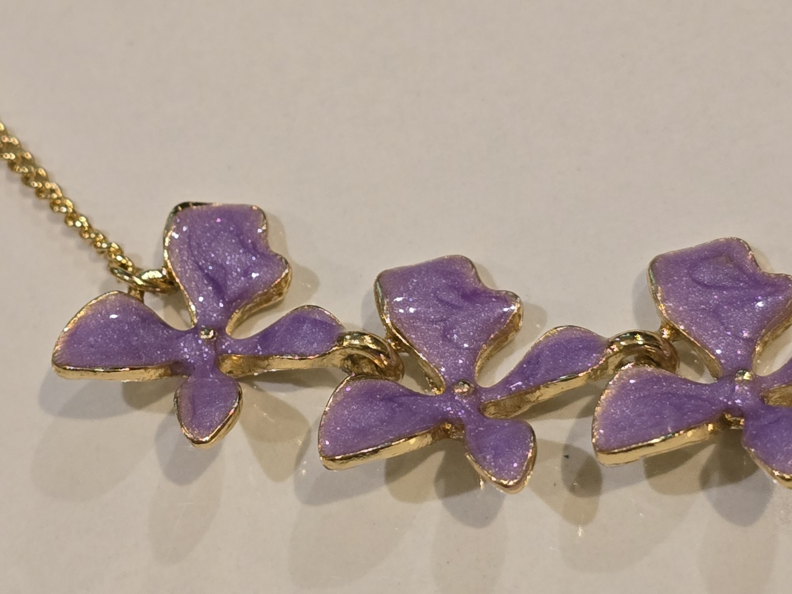 Lavender Enamel Flower Necklace Gold Tone Floral Statement Adjustable Purple