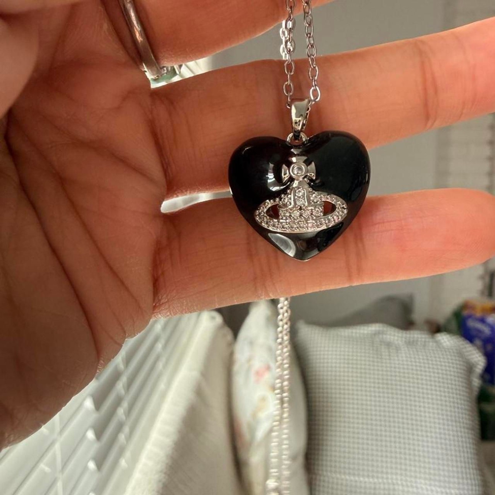 Black Heart Saturn CZ Pendant Stainless Steel Necklace