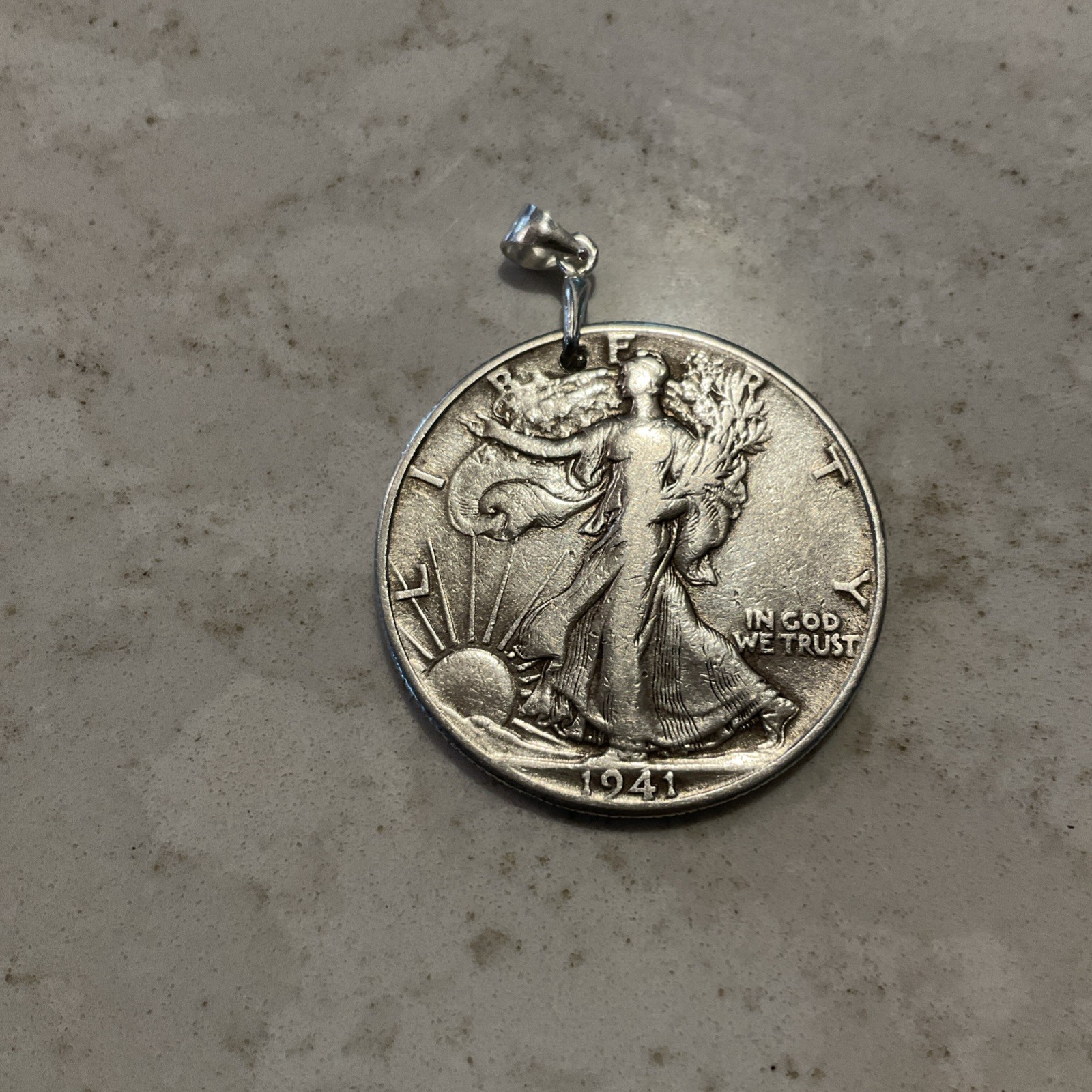 ANTIQUE COIN 90% SILVER WALKING LIBERTY HALF DOLLAR PENDANT