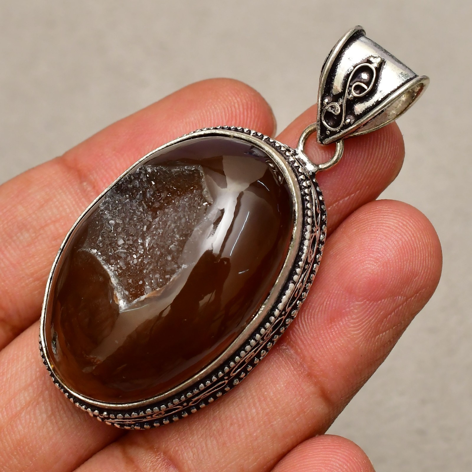 Titanium Druzy Gemstone Handmade 925 Sterling Silver Jewelry Pendant 2.08″