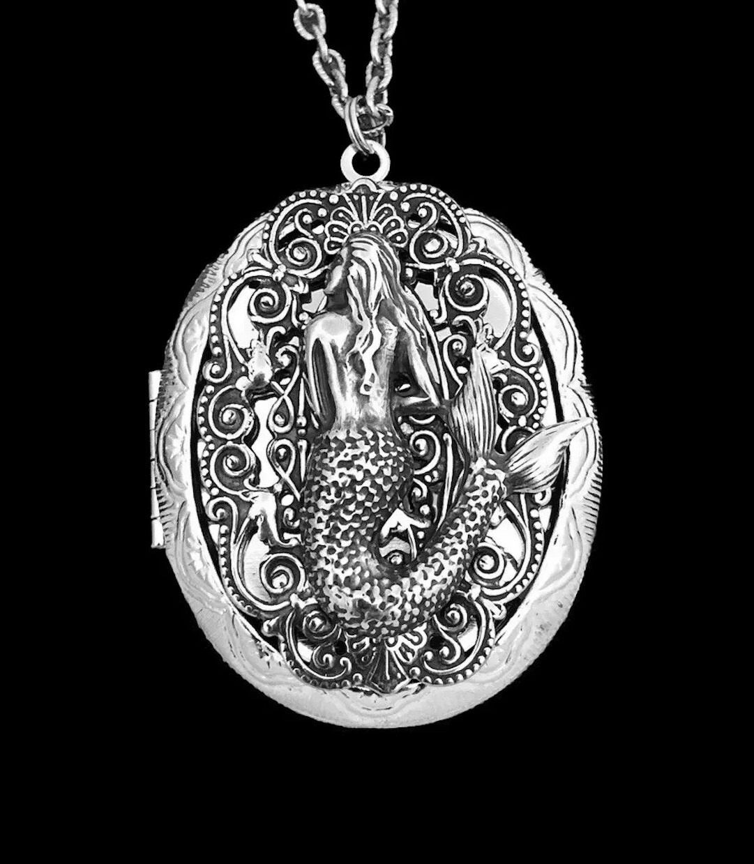 Mermaid Locket Necklace, Nautical Pirate Jewelry Silver Photo Pill Stash Box