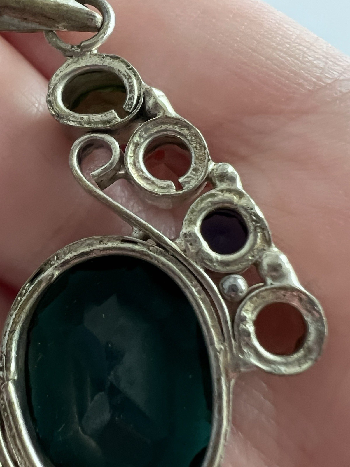 Vintage Silver Tone Oval Blue Stone Rhinestone Bezel Pendant Charm Multi-Color