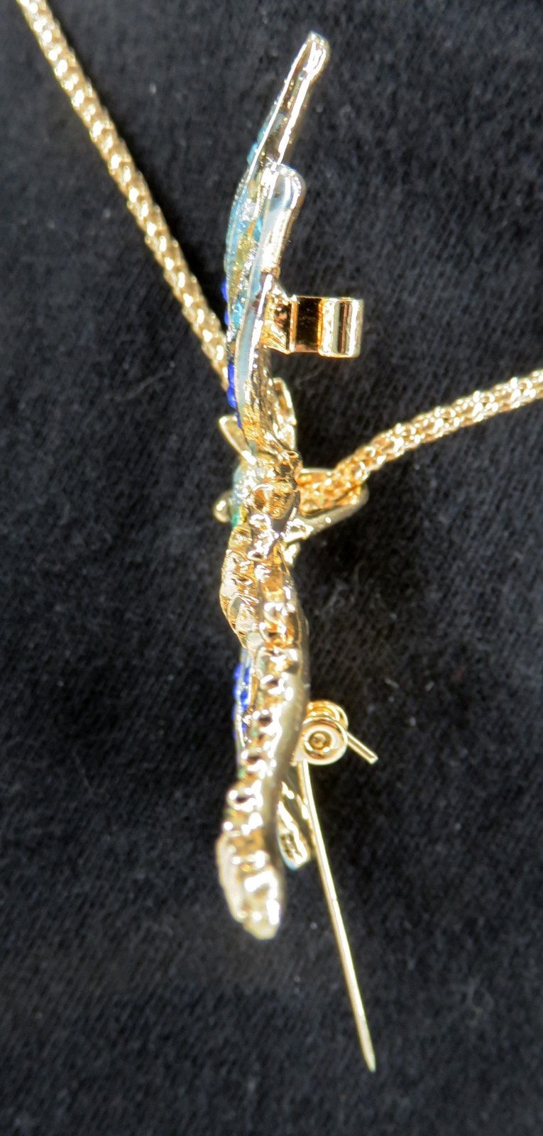 NWT-Betsey Johnson Blue Crystal Dragonfly Pendant Brooch on Goldtone Necklace