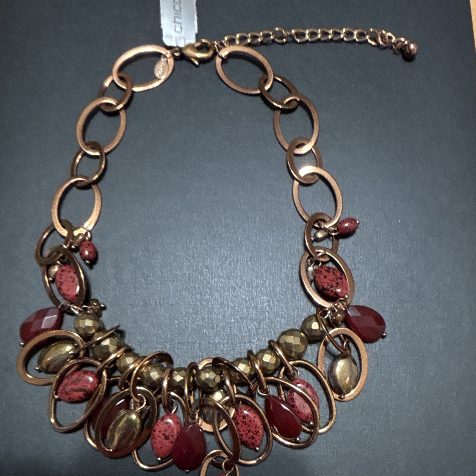 Gold Tone Statement Necklace, Oval Link Chain, Red Oval Beads, Adjustable