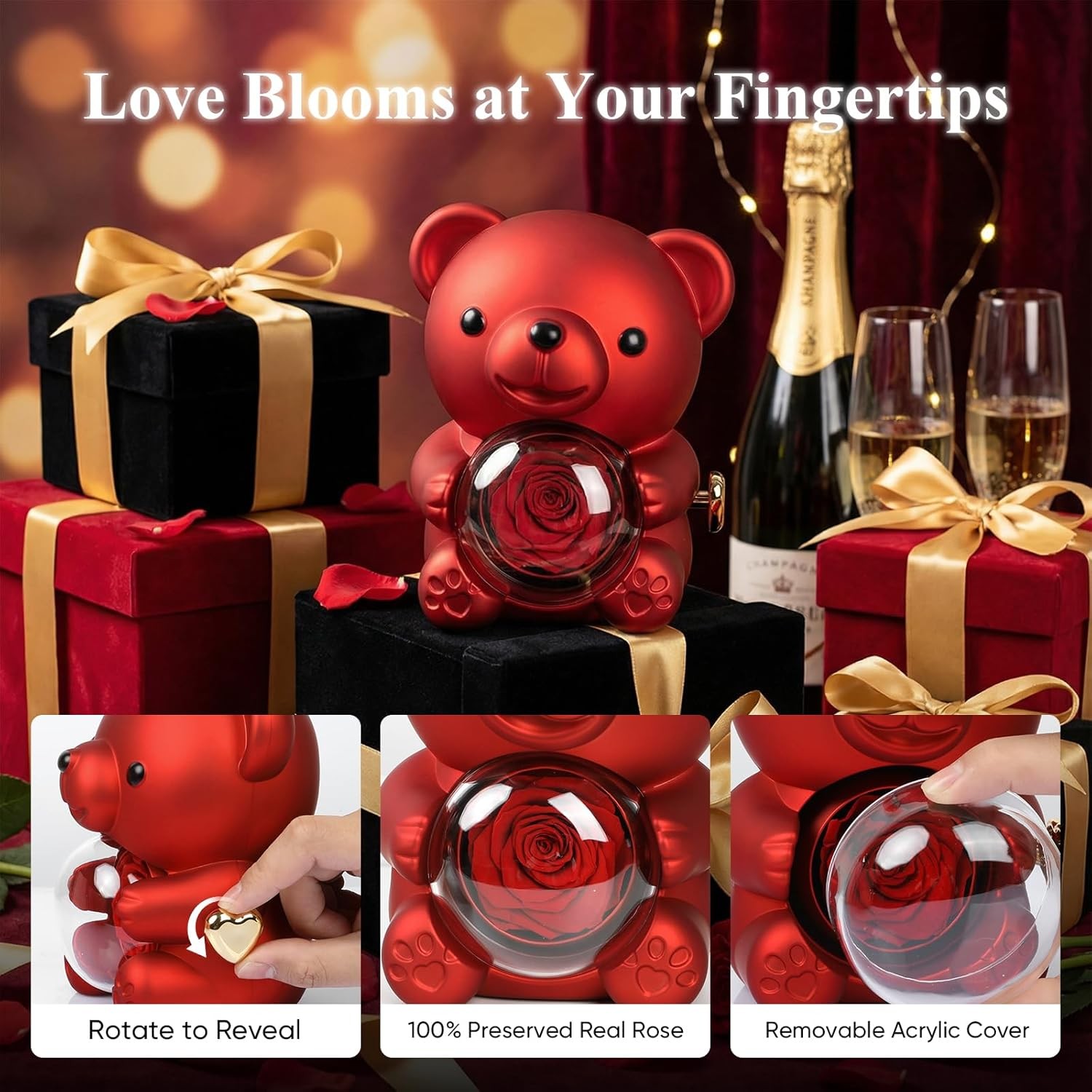 Romantic Hug Teddy Bear with Necklace, Preserved Red Rose, Gift Box for Women