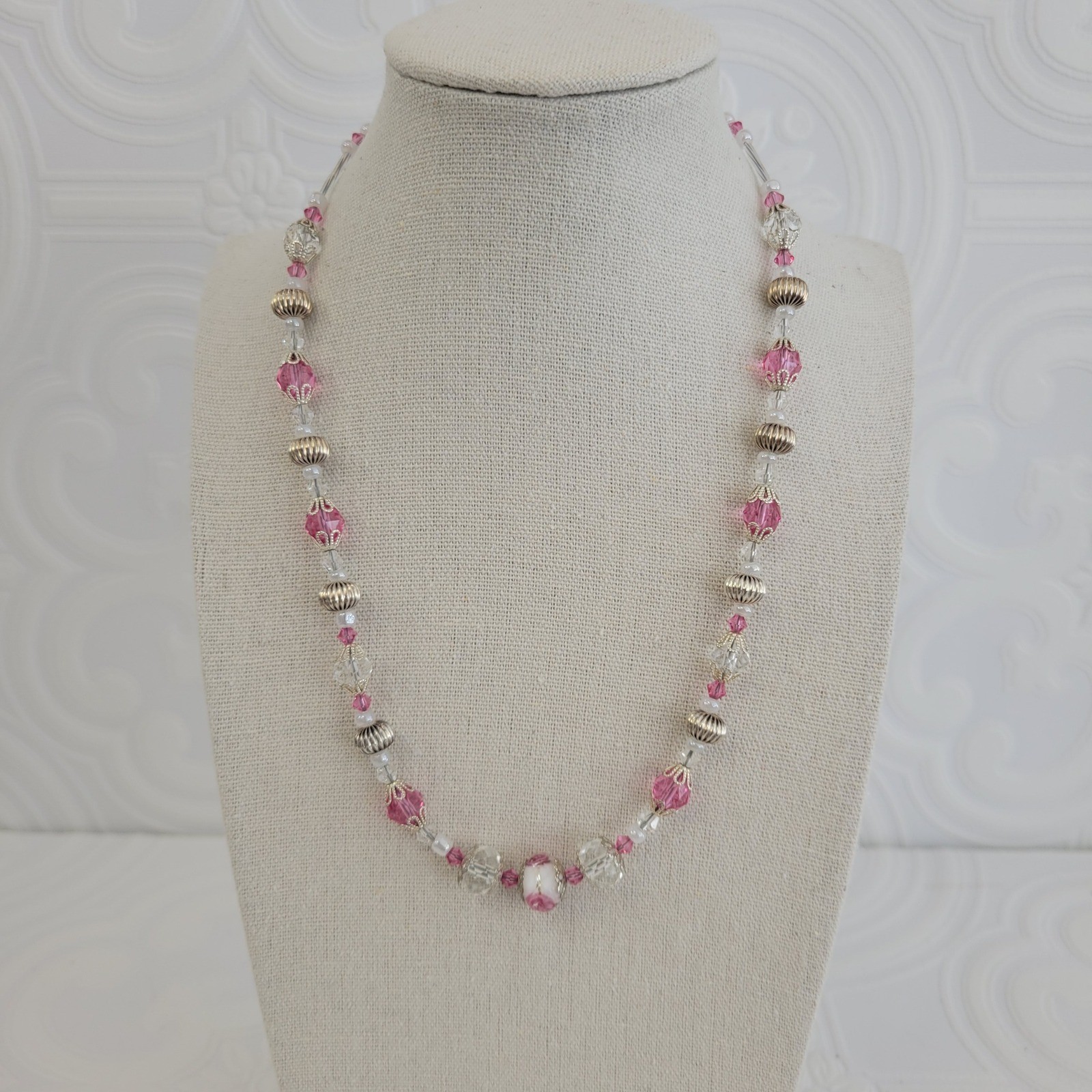 Lampwork Beaded Necklace Pink Crystal Floral Silver Tone Magnetic Clasp 18 Inch