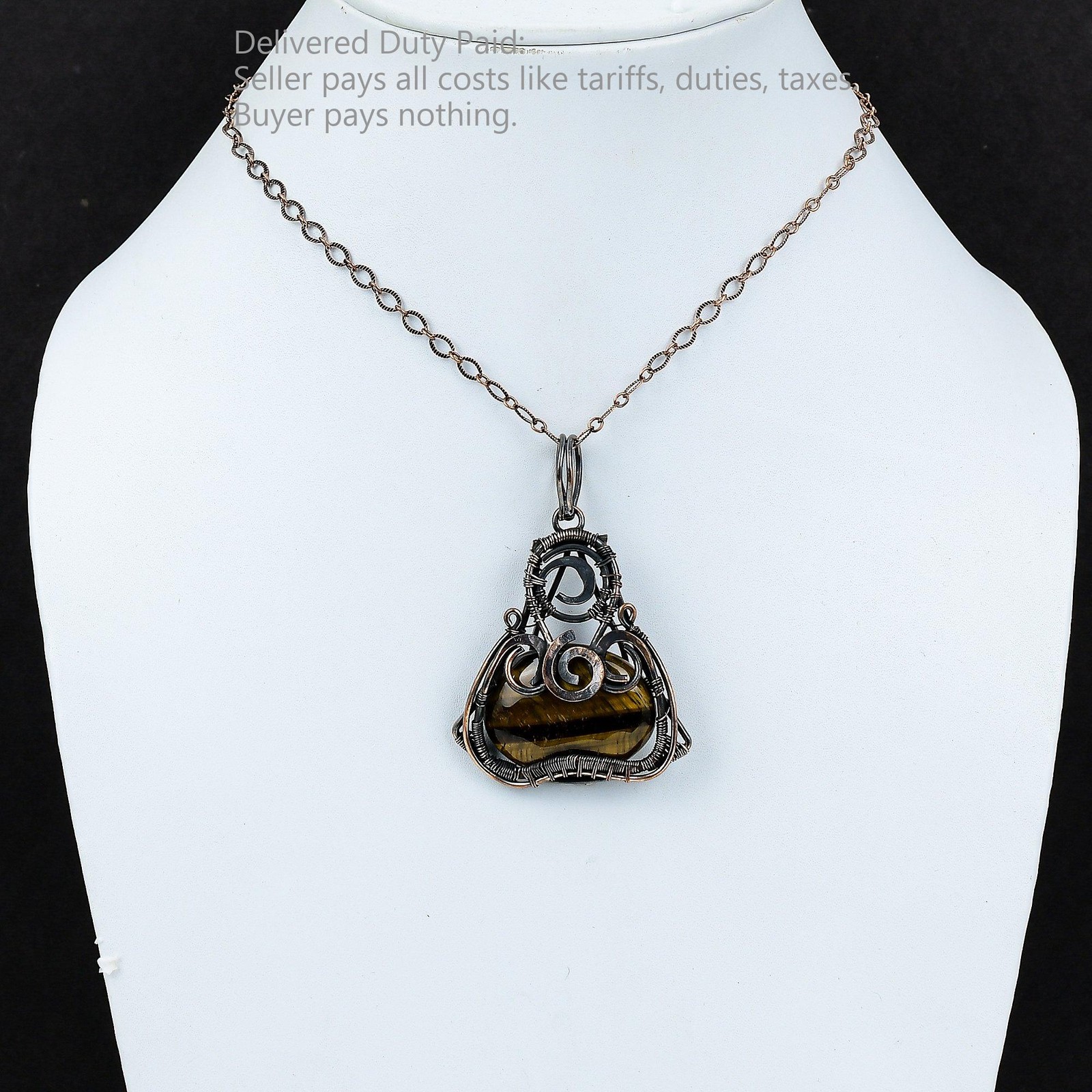 Copper Sacral Chakra Oval Tiger’s Eye Stone Unique Wire Wrapped Pendant Jewelry