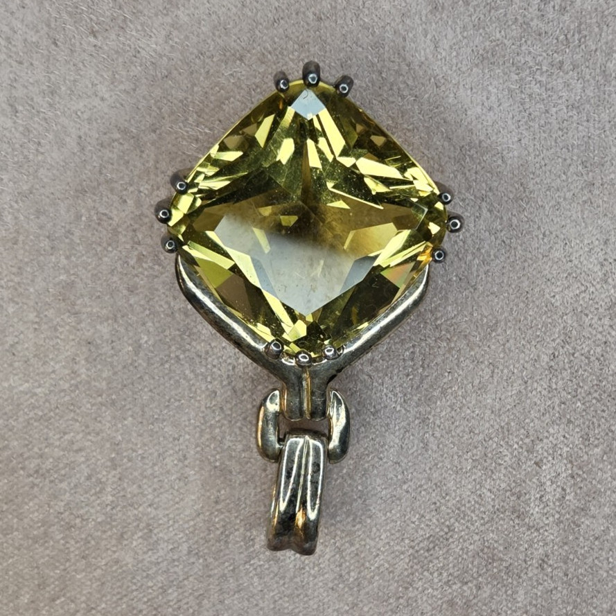 Silver Tone Square Pendant, Green Faceted Stone, Prong Setting