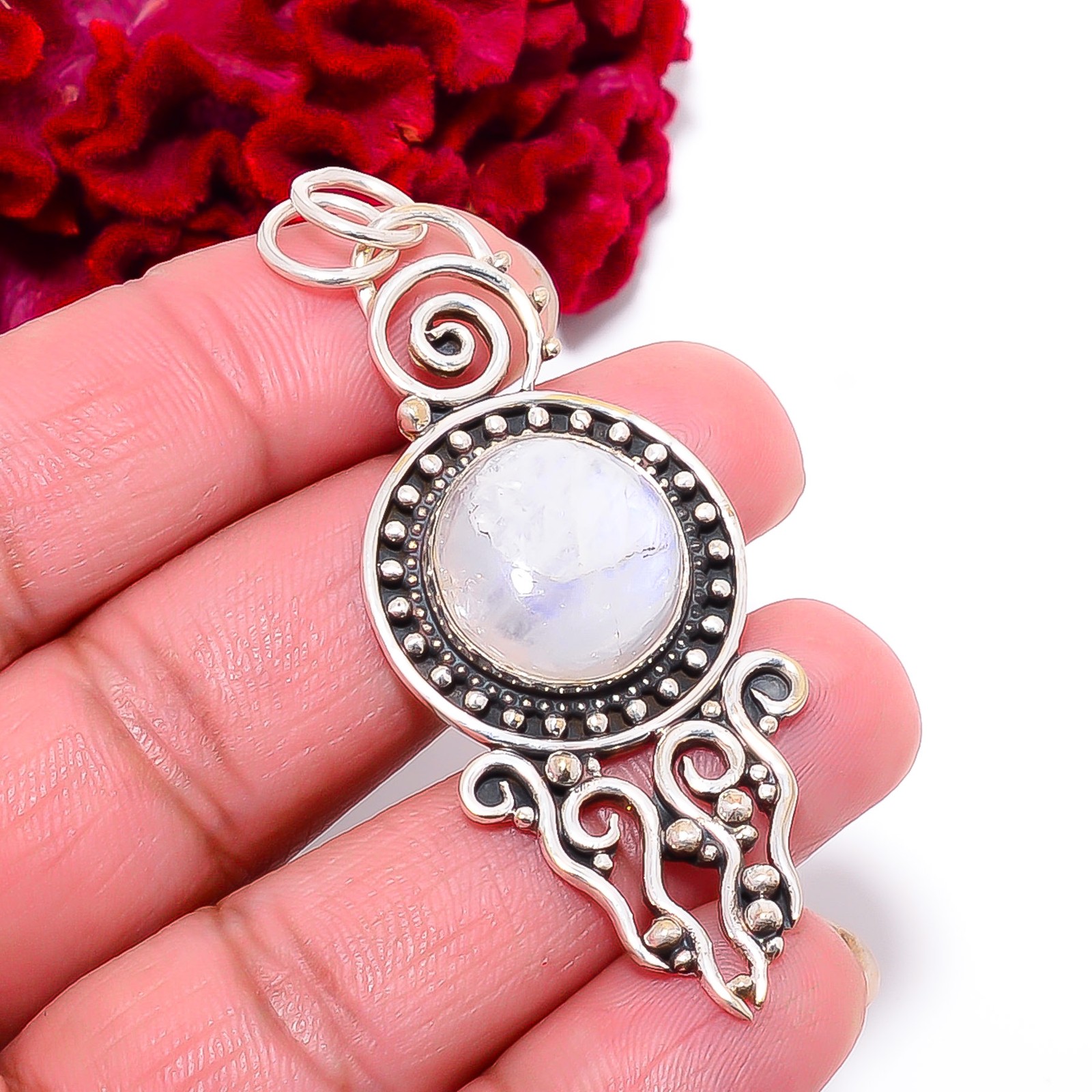 Rainbow Moonstone – India Designer Handmade 925 Sterling Silver Pendant 2.34″ P4