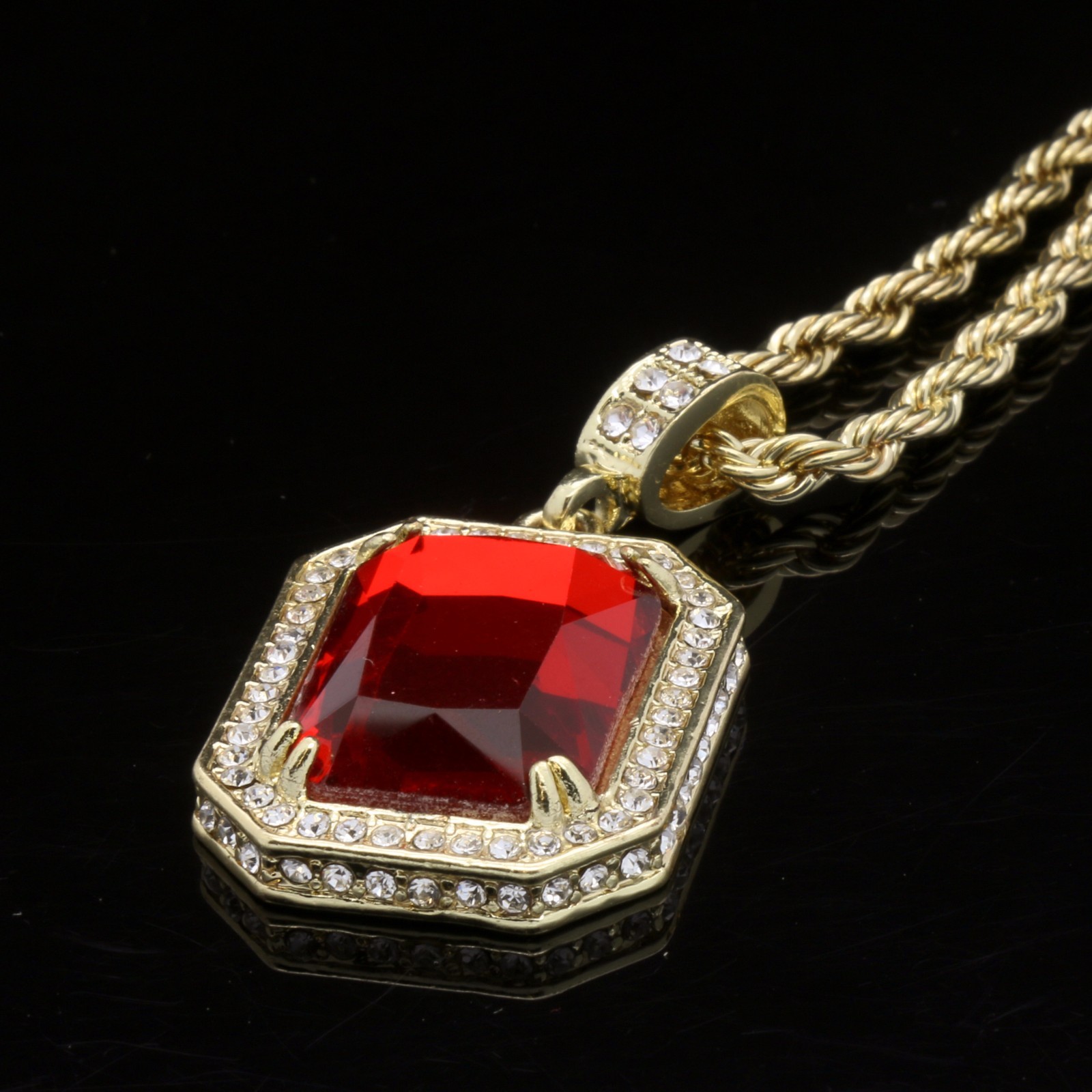 Mens Hip Hop 14k Gold Plated Fashion Pendant Cubic-Zirconia 24″ Rope Chain