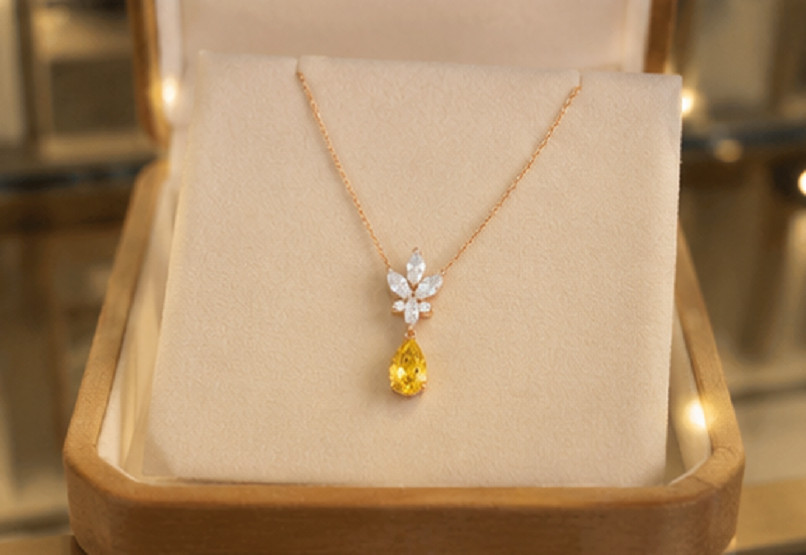 4ct Pear Cut Simulated Yellow Citrine/Diamond Drop Necklace 14k Rose Gold Plated