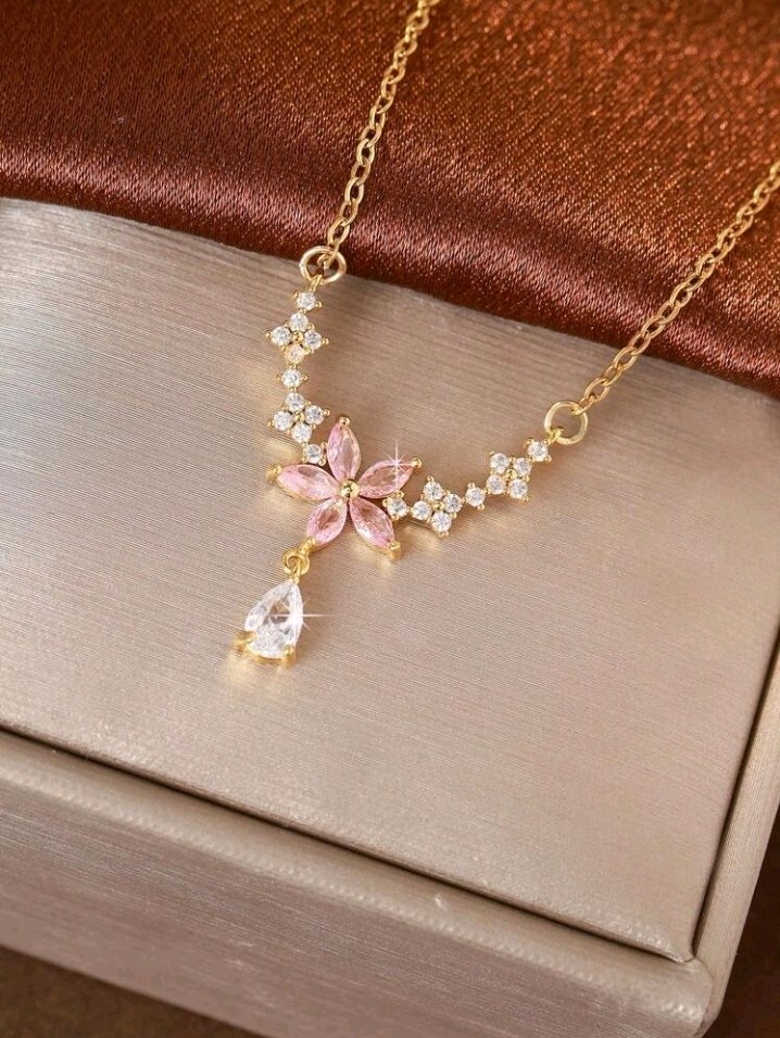 Gold-Plated Copper Necklace Pink and White/Colorless CZ Flower Design