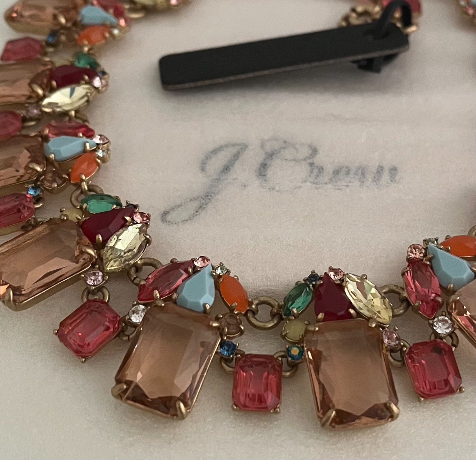 NWT J Crew Stunning Cluster drop Rhinestone Statement Necklace Blue Pink Gold