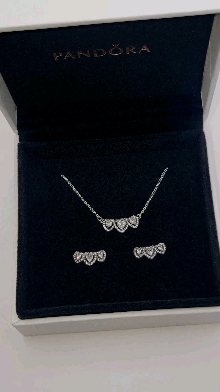 Authentic PANDORA 925 Halo Heart Trilogy Collier Necklace & Earrings Gift Set Z4