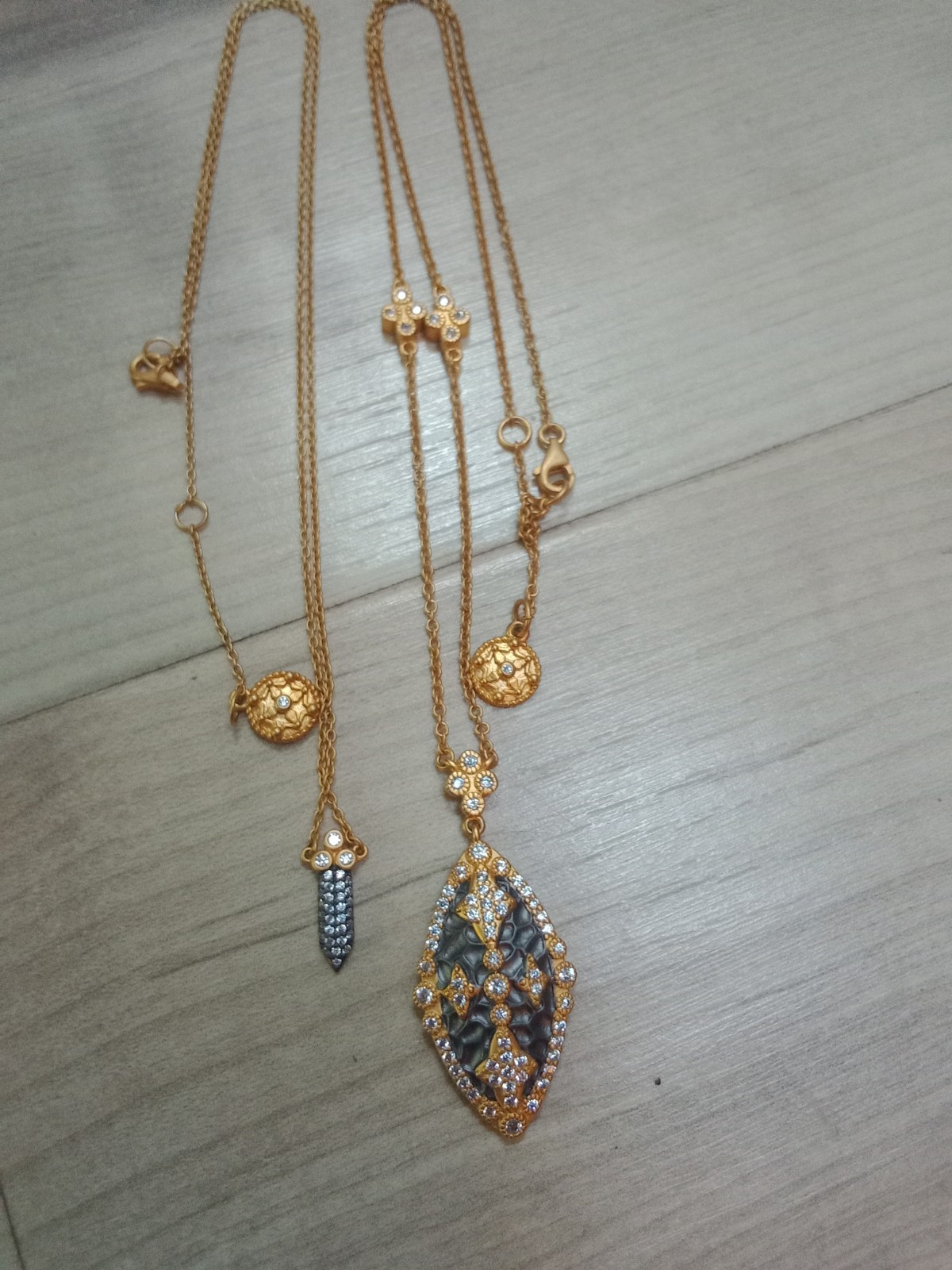 2 Gold Tone Freida Rothman Necklaces Stamped 925 Gray & CZ Accents