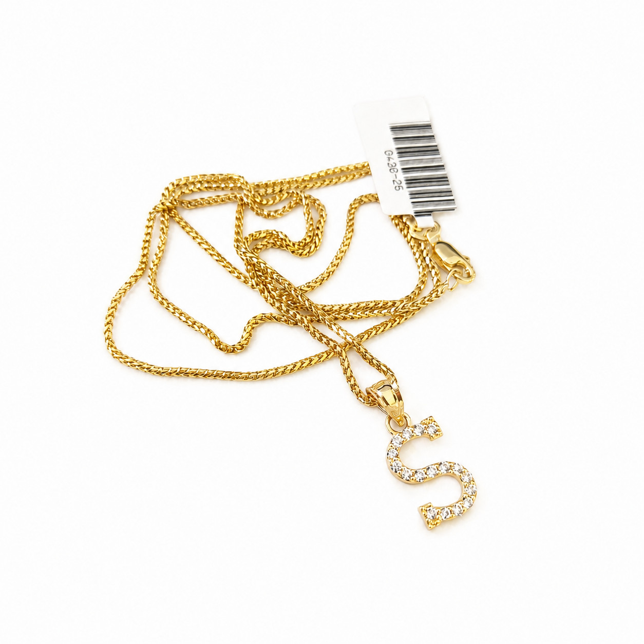 10K Gold Solid Franco Chain S Initial CZ Stone Pendant Set 1mm 16 18 20 22 Women