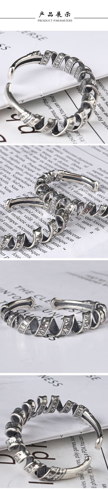 Twist Roman Numeral Cuff Bracelet Unisex Punk Bangle 18g S925 Sterling Silver