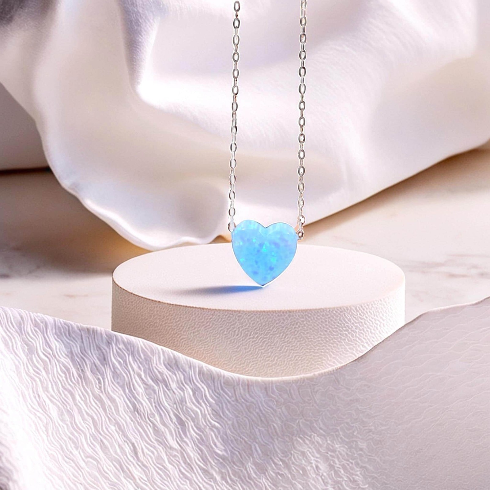 Heart Necklace Pendant Lab Created Opal 925 Sterling Silver Chain