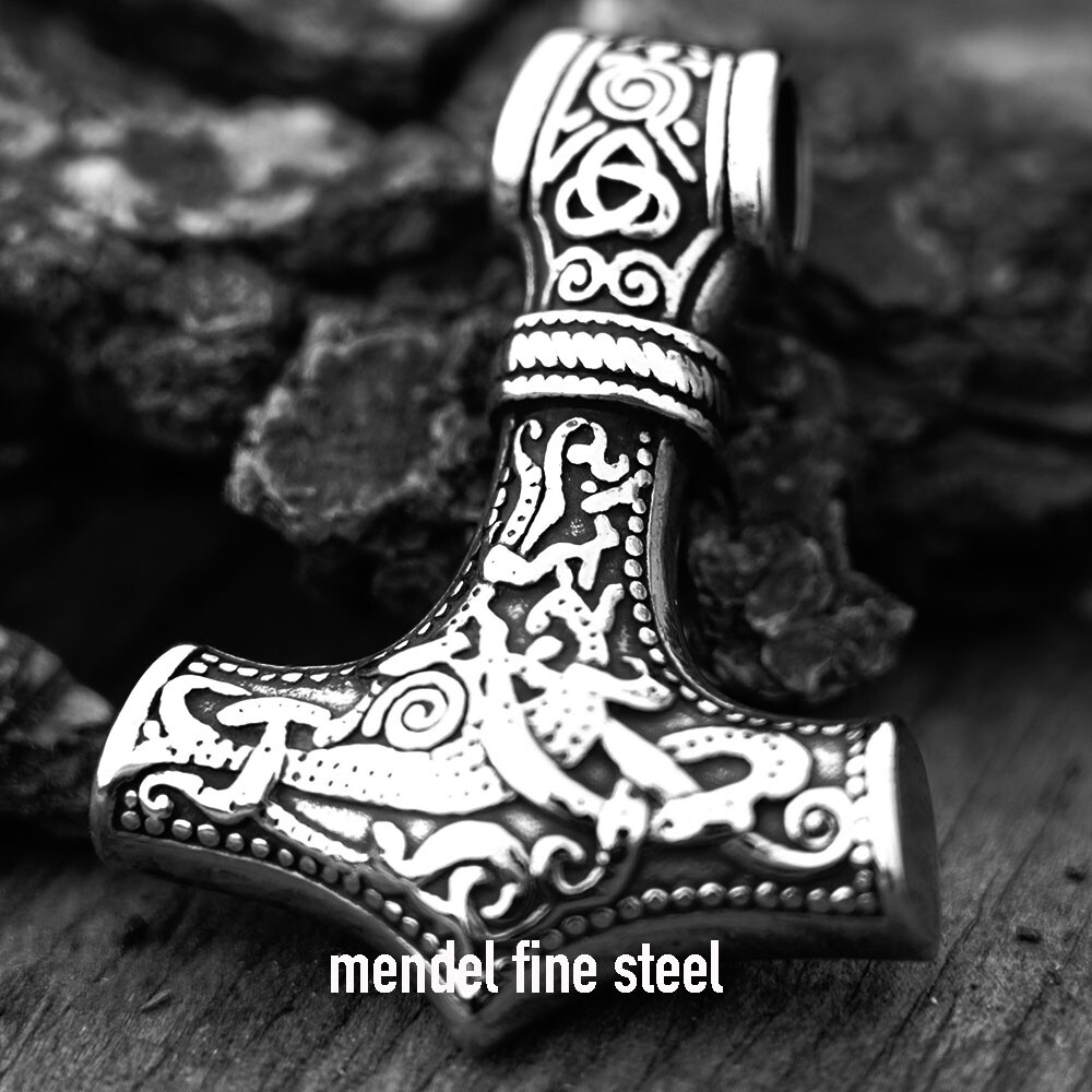 MENDEL Mens 30 Inch Large Big Viking Thors Raven Mjolnir Pendant Necklace Chain