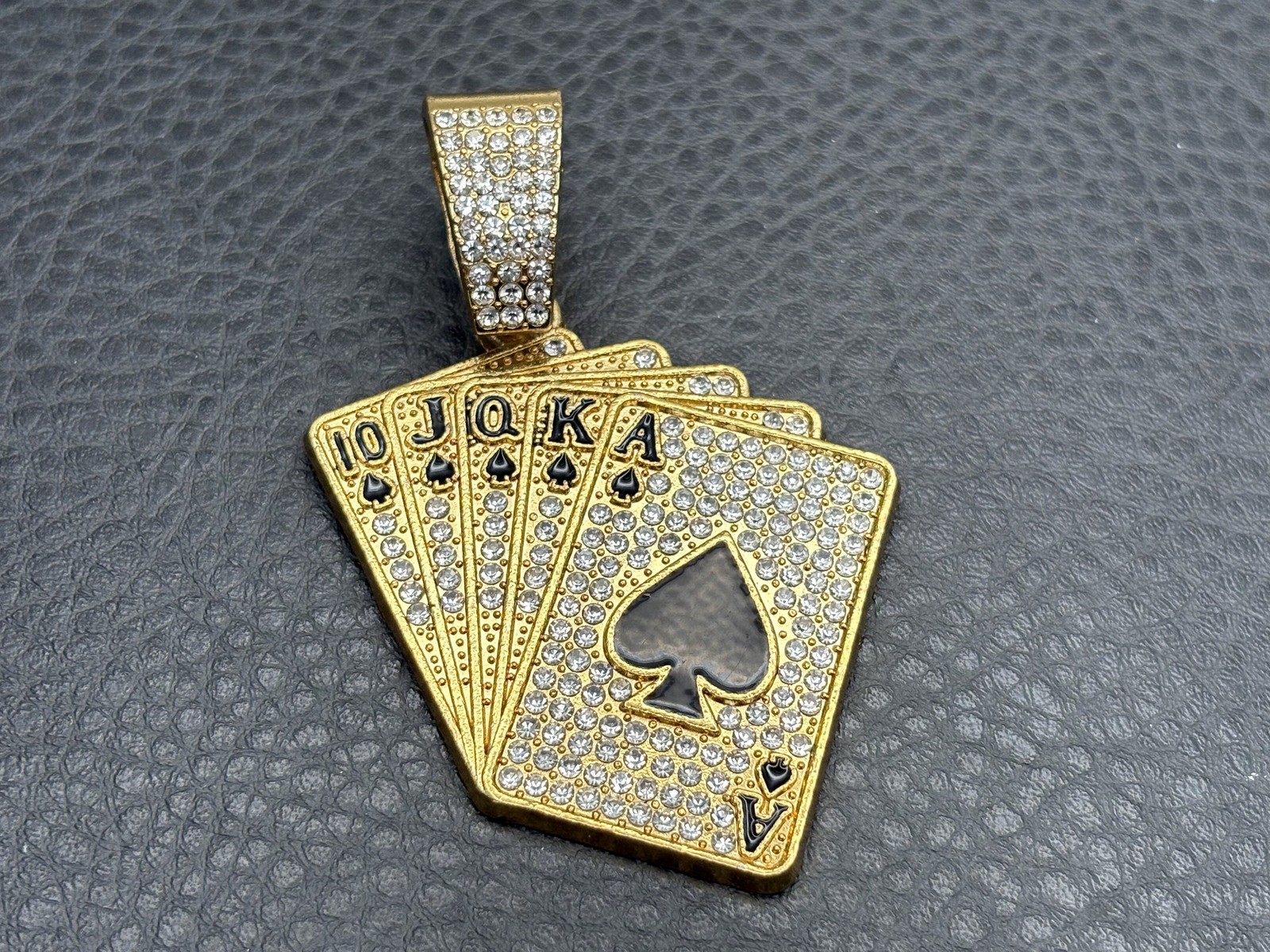 Gold Tone Iced Out Royal Flush Playing Cards Poker Pendant Hip Hop CZ Stones