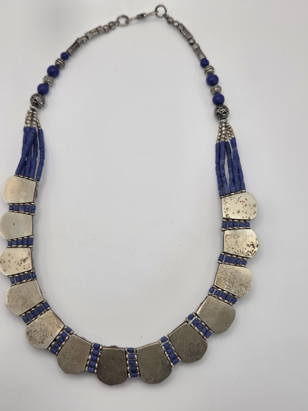 Tibetan-style handcrafted necklace from Nepal features vibrant lapis lazuli