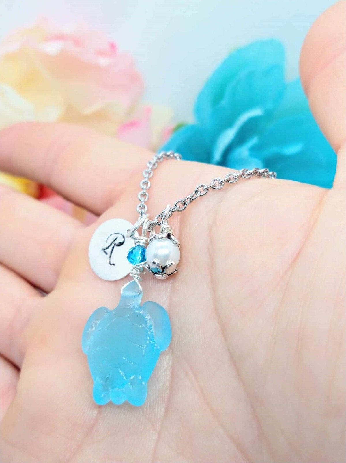 Personalized Sea Glass Turtle Necklace, Customizeable Beach Jewelry, Gift