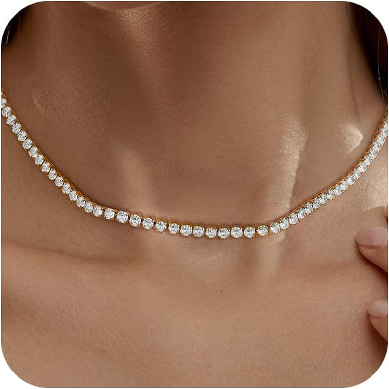 14K Gold Tennis Necklace Women’s CZ Sterling Silver Dainty Rhinestone Chain Gift