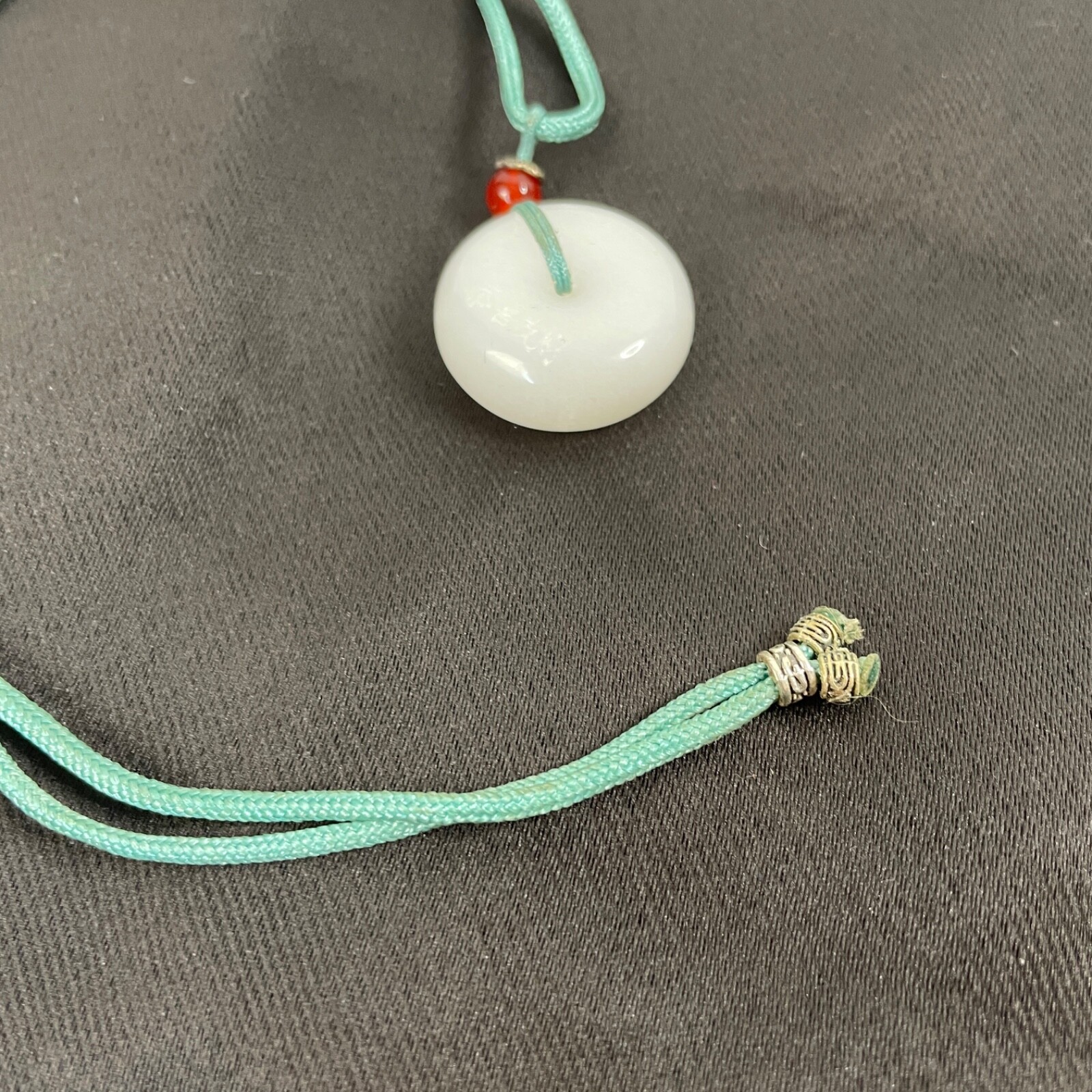 White Jade Quartz Donut Necklace Etched Chinese Happy & Prosperous Ships from US
