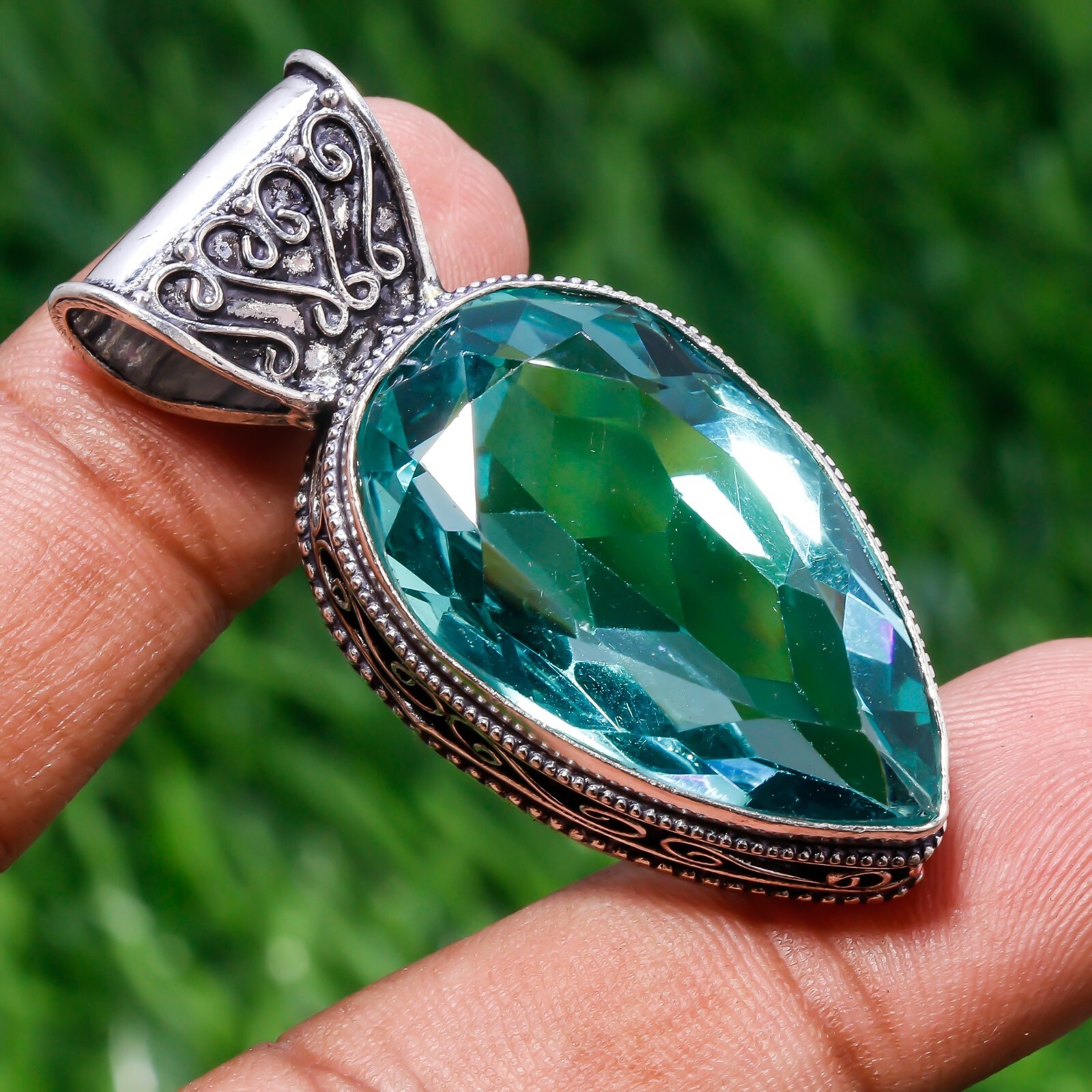 Green Apatite Gemstone 925 Silver Handmade Jewelry Pendant 2.0″