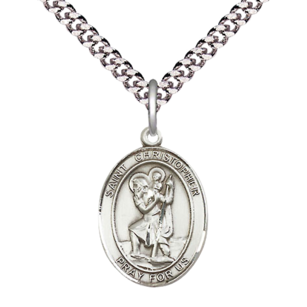 Medium Pewter Saint Christopher Medal Pendant 24″ Endless Chain Necklace w/ Box