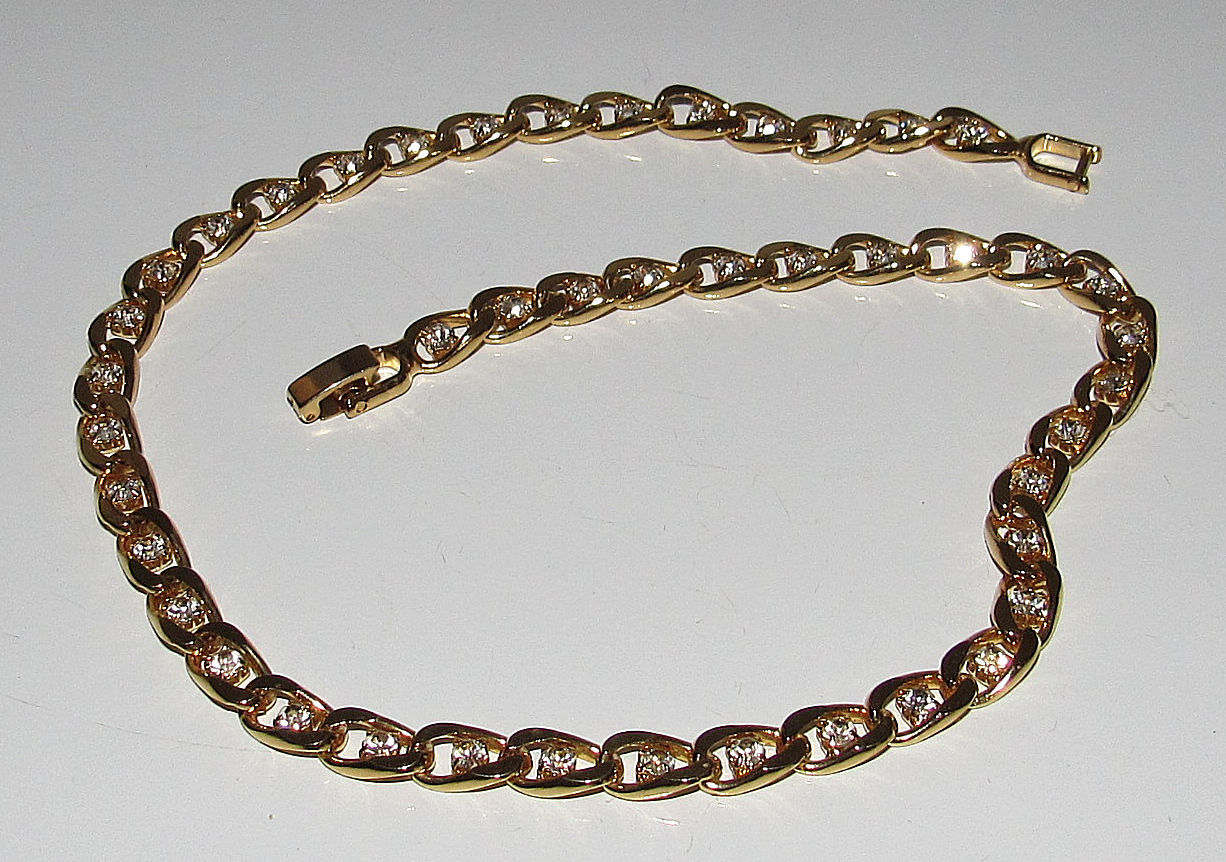 Flat Curb Link Chain Necklace Clear Rhinestones Gold Tone Choker