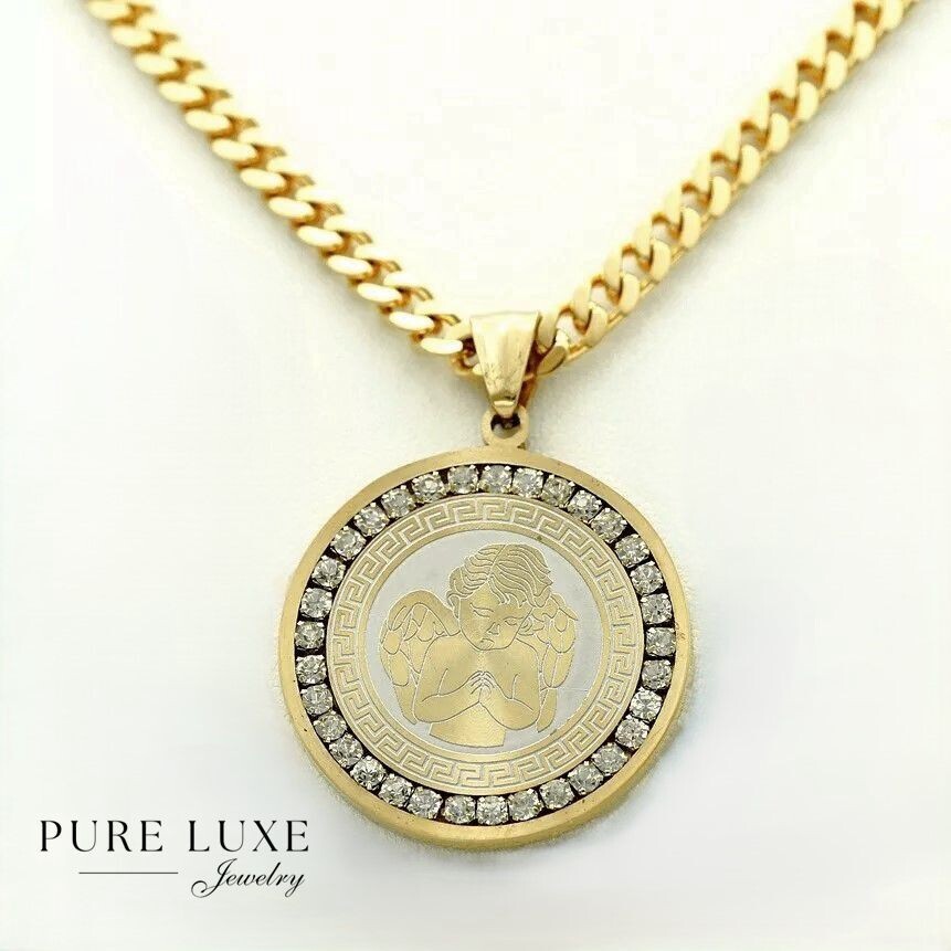 Men’s 20″ Stainless Steel Cuban Necklace 35mm CZ ANGEL Charm Gold plated*BOX