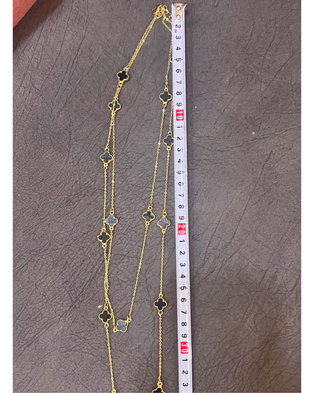 Gold Tone Clover Station Necklace 16 Black Motifs Long Layered Chain 65cm