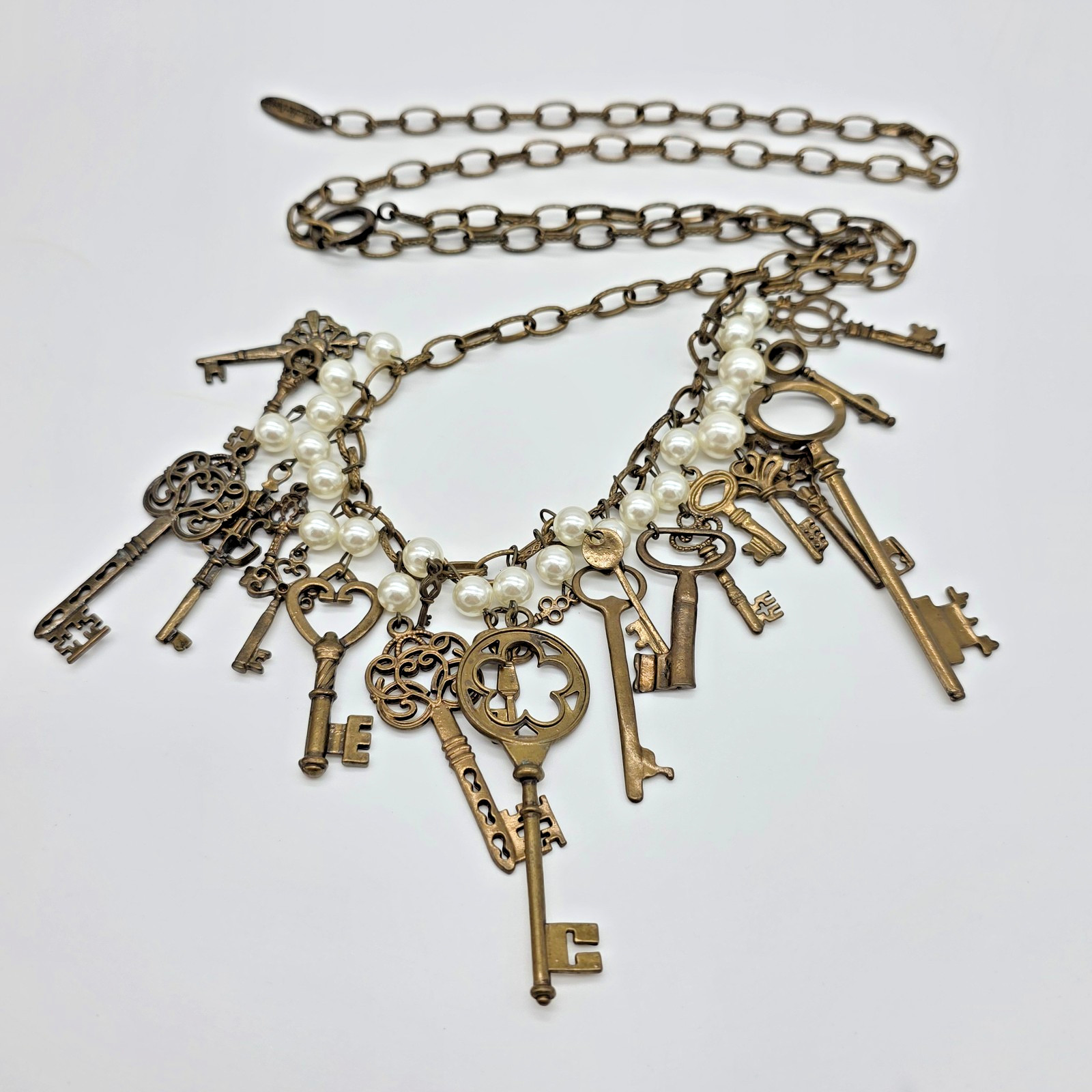 Plunder QUINCY Antique Bronze Fringe Necklace Pearls Brass Skeleton Keys 36”