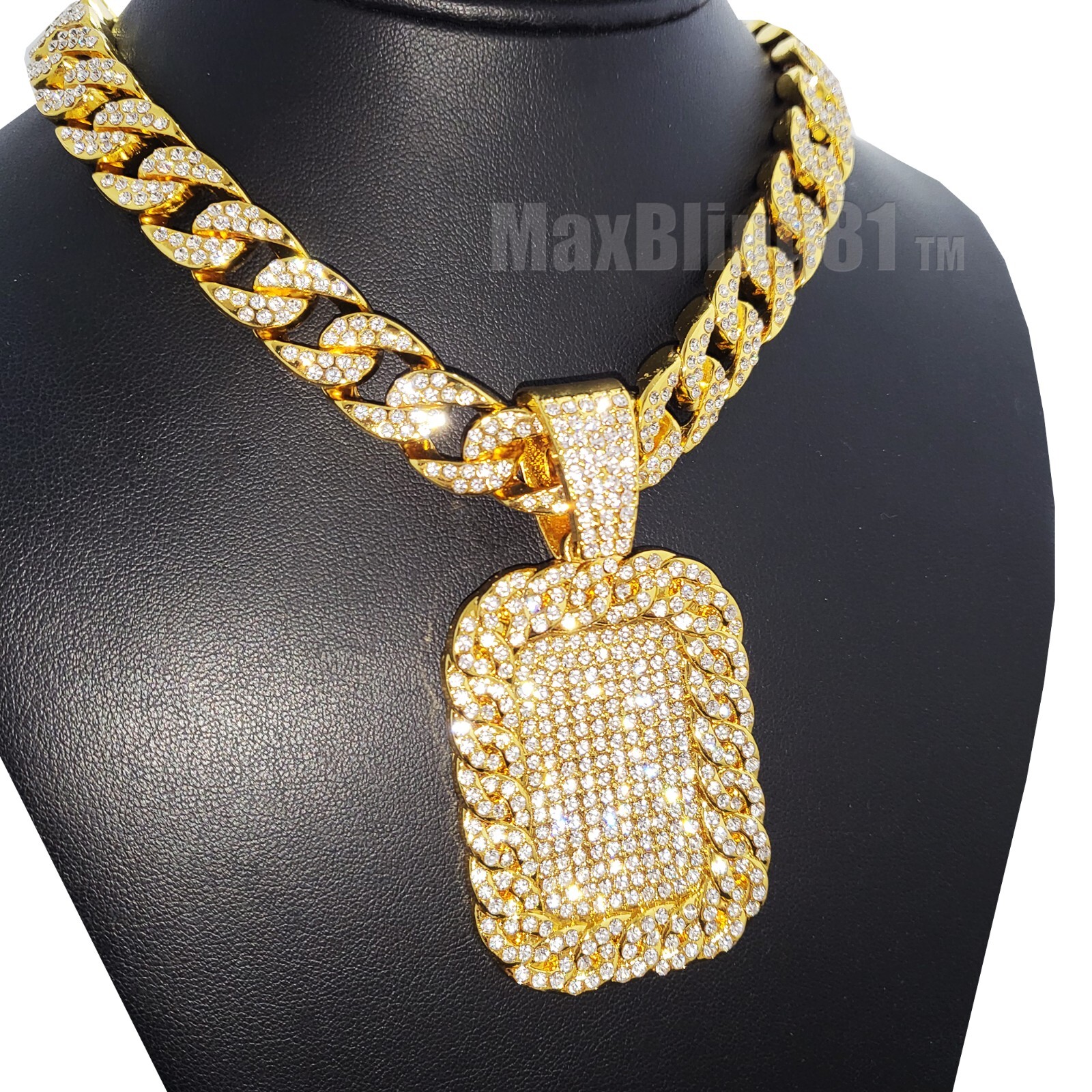 Cubic Zirconia Bling Large Dog Tag pendant 18″ Iced Cuban Choker Chain Necklace