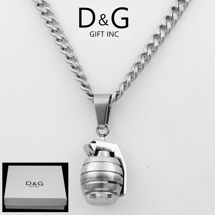 DG Men’s 20″ Cuban Curb Chain 32mm Grenade Pendant,Silver Stainless-Steel Box